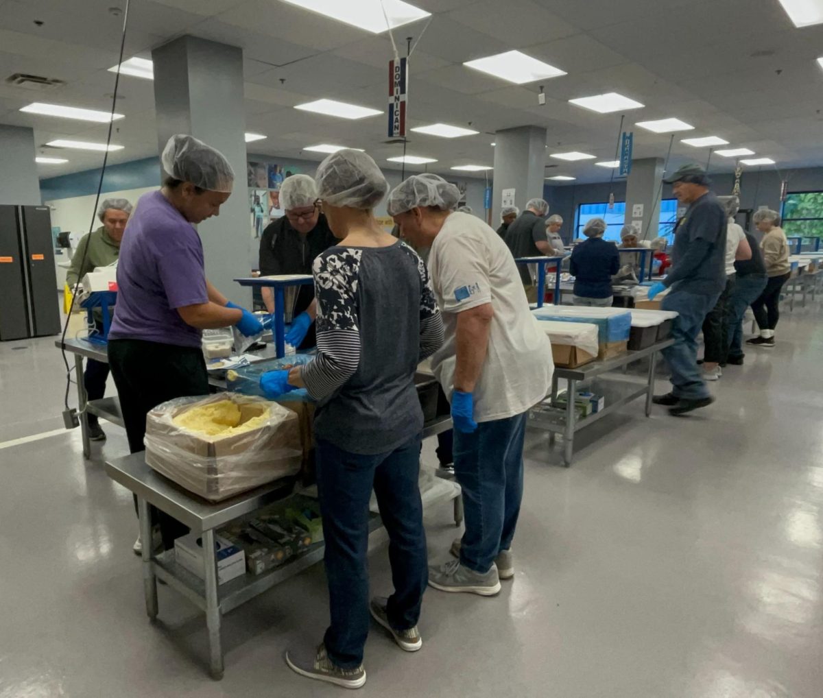 Volunteers for Feed My Starving Children pack ingredients such as rice and soy to send to children in Peru. This is one of the jobs that volunteers can do to help Feed My Starving Children besides working in the warehouse or putting labels on food packages. There are five sessions Monday through Saturday, where volunteers can help Feed My Starving Children reach their ultimate goal: getting rid of world hunger. 