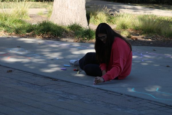 Ava Baker writes kind words with chalk for Random Acts of Kindness in the front entrance.